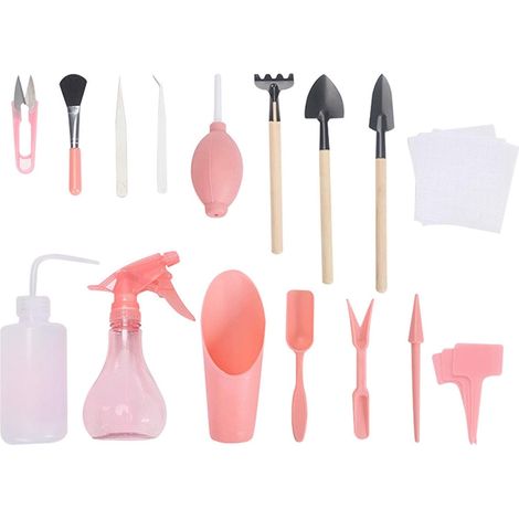 Succulent Plantation Outils 16pcs Mini Jardin Tool à la Main Pelle Spade Spade Rake Tweezers Kettle Plantes Succulentes Plantation Outils de bonsaï (rose) (1/5)