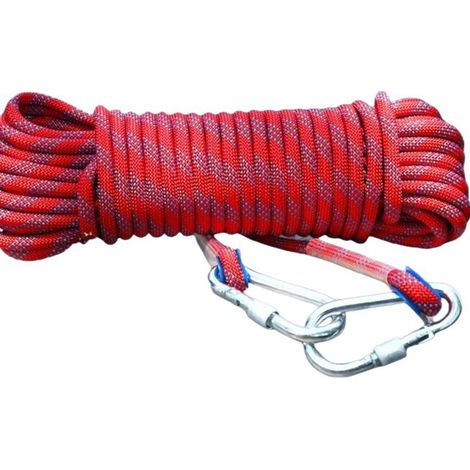 Corde d'escalade de 10 m avec résistance à la traction de 1000 kg et 2 mousquetons rouge (1/5)