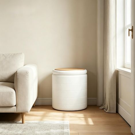 Fauteuil spacieux avec coffre caché, siège rond polyvalent, pouf de rangement, table basse pratique, chaise pour enfiler ses chaussures (livrée avec le pouf uniquement) (1/5)