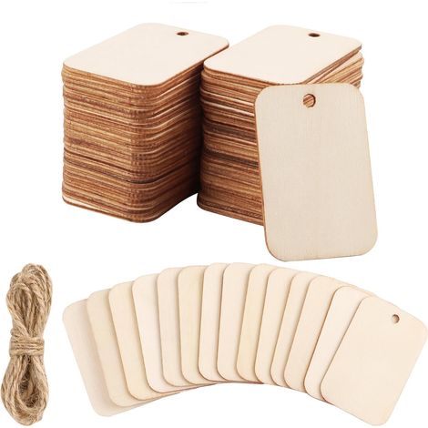 100 etichette regalo rettangolari in legno naturale con 2 m di spago naturale per decorazioni e lavori artistici fai da te per matrimoni e biglietti d'auguri. (1/5)