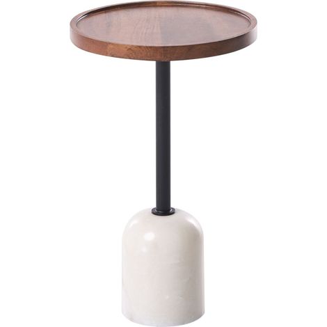 Side Table Brown and White Mango Wood Top Metal Marble Base Round Modern Living Room RAINY