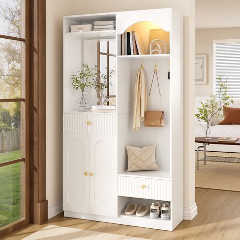 Mueble recibidor de MDF blanco con espejo y banco, 100 x 35 x 180 cm, con cajones, estantes regulables e iluminacion LED (1/5)