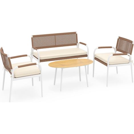Détente Conviviale Salon de Jardin 4 Places en Résine avec Table Basse Verre Trempé et Coussins pour Terrasse Balcon (1/5)