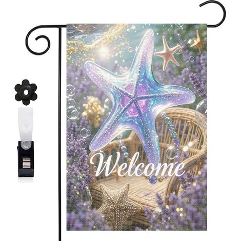 Drapeau de jardin bienvenue 30 x 45 cm motif étoile de mer et décor plage féerique toile double face (1/5)