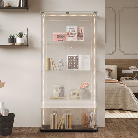 Vitrine en Verre Trempé 4 Étagères avec bande lumineuse LED et 2 portes, Vitrine Armoire de Collection à Serrure, Vitrine Sur Pied Transparente 360°, 78.5x35x163cm, Noir