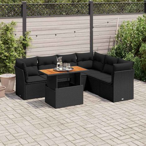 Salon de jardin 7 pièces avec coussins, résine tressée noire et table relevable, 67.2kg - PANGIVO (1/5)