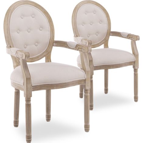 Intensedeco – Lot de 2 fauteuils médaillon capitonnés Louis XVI en bois hévéa et bouleau – Tissu beige – Dimensions L56 x P58 x H97cm – Confort optimal (1/2)