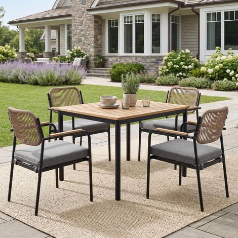 Wahson Modern Outdoor Dining Chairs Set of 4, Stylish Rope Weave Garden Chairs with Wood Armrests, Removable Cushions, and Durable Splash-resistant Fabric, Grey