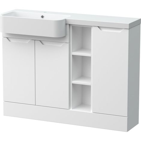 Teddesley Floor Standing Compact 3 Door Combination Vanity Basin Unit with Open Shelves and Basin, 1100mm, Left Hand, Matt White