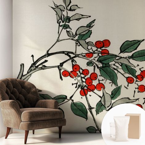 Papier peint intissé mural avec imprimé motifs uniques apparence moderne - Colle incluse gratuite Une branche de baies 250x250 cm (1/5)