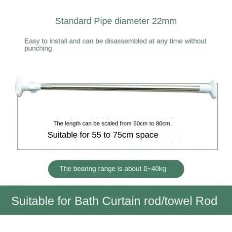 Rideau de douche télescopique et porte-serviettes, 50-80 cm, acier inoxydable, Ø 22 mm, sans perçage, capacité jusqu'à 40 kg, blanc (1/5)