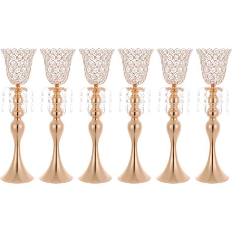 Lot de 6 supports à fleurs dorés en métal avec pendentifs cristal, présentoir floral sur pied, décoration centre de table, pour mariage, cérémonie, fête et réception - hauteur 49cm (1/5)