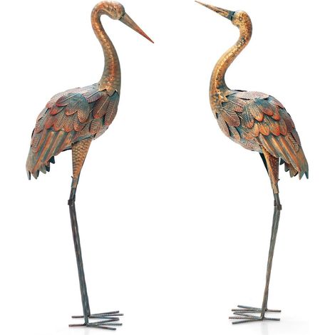 2Pcs Crane Garden Statue Set Metal Frame Crane Sculpture Statue Decoy Yard Art (1/5)