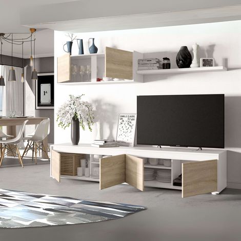 Pack de Muebles de Salón Comedor Estilo Nórdico en Color Blanco y Roble Canadian con Aparador, Mesa Extensible, Modulo de TV y Sillas