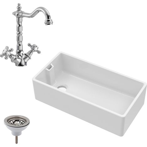 Fireclay Belfast Kitchen Sink with Overflow, 895mm 1 Bowl, French Classic Style Mixer Tap & Basket Strainer Waste (1/5)