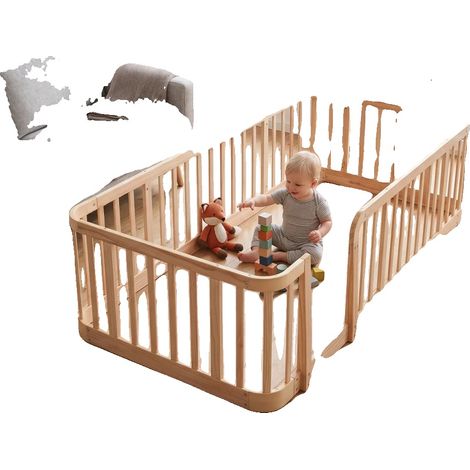 Parc pour bébé, Espacement des barres sécurisé, Coins arrondis, Bois naturel + Bois d'ingénierie + 140cm200cm (1/2)