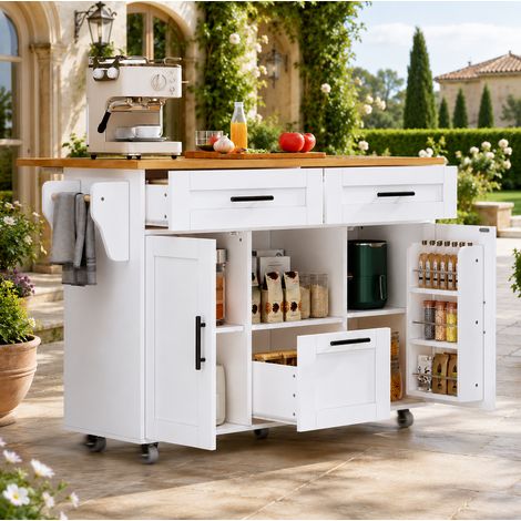 Carro de cocina 120/46(71)/90 cm blanco con ruedas 360°, cajones y bandeja abatible (1/5)