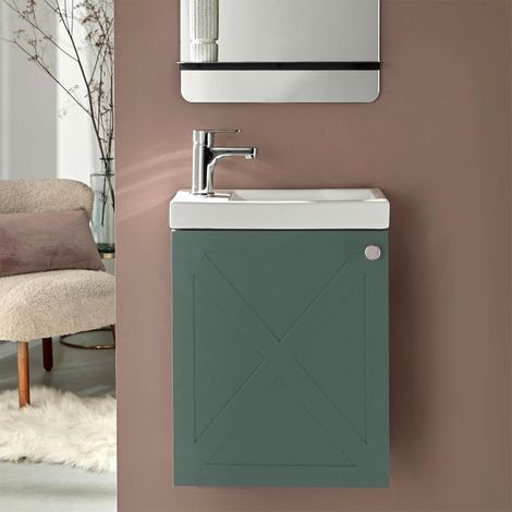 Mob-In – Meuble lave-mains vert de gris AVA – Vasque réversible en résine – Robinet mitigeur chromé avec aérateur – Dimensions 40x48x20cm (1/5)