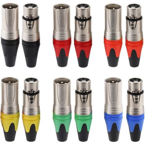 6 paires Connecteurs XLR, extrémités XLR colorées à 3 broches, prise jack DMX pour microphone audio mâle/femelle, contacts en cuivre plaqué nickel, type à souder (1/4)