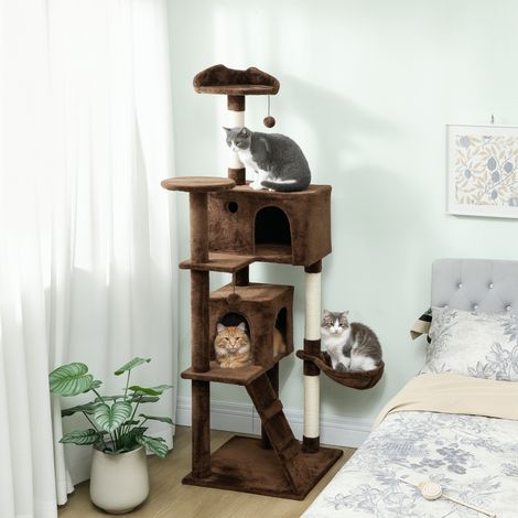 Arbre à grattage 180 cm brun pour chats avec plateformes, lit 2 grottes, hamac, échelle, poteaux en sisal (1/4)