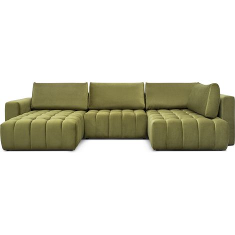 Sofá de esquina BONITA convertible 6 plazas verde caca de oca efecto terciopelo – izquierda – 350x175cm (1/5)