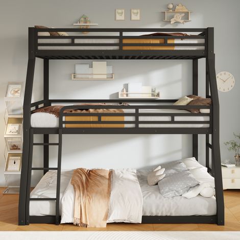 Lit superposé triple 90x200/120x200/140x200 cm en métal noir avec deux échelles et barrière de sécurité, pour enfants et adultes. (1/5)