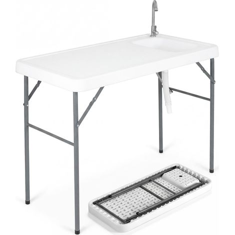 Table de camping pliante blanche 114 cm avec robinet 360 et tuyau d'évacuation, évier profond pour pêche, camping et plein air (1/5)