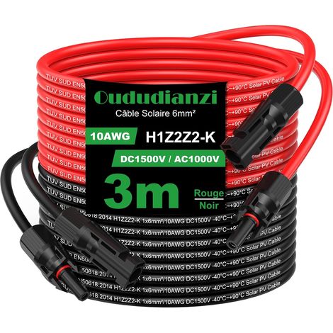 Cable Solaire 4mm²/6mm², Rallonge Cable Panneau Solaire 1/2/3/5/8/10/15/20/30m, Étanche IP68 Câble Photovoltaïque avec Connecteurs Mâles et Femelles pour Panneaux Solaires (6mm² 3m) (1/5)