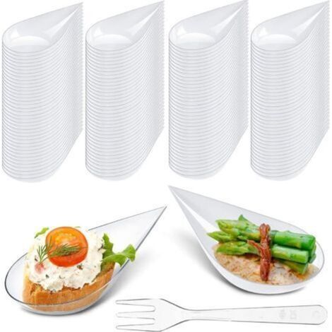 100 plastic appetizer plates with forks, 5 cm diameter, transparent and reusable, ideal for bowl-shaped dessert tastings. (1/4)