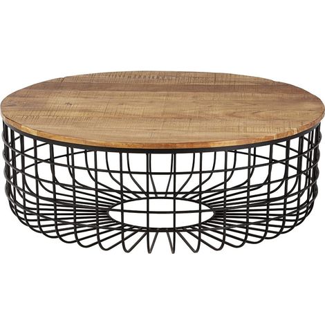 GLADIO - Table Basse Ronde Ø102cm Industrielle Bois d'Acacia et Métal Noir (1/3)