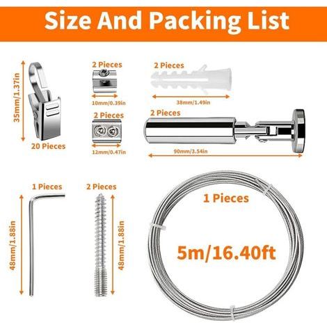 5M Kit Tringle Rideaux avec 24 Clips Métal, Câble Rideau Acier Inoxydable, Fil Suspension Métallique, Corde Photos Accrocher Contre Rouille pour Intérieur Décoration, Art Exposition, Vêtements(Argent) (1/4)