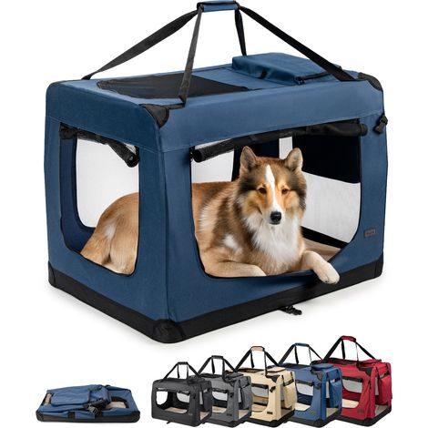 lionto Hundetransportbox faltbar, stabile Stoffbox mit Mesh-Einsätzen, ideal für Auto, Reise & Tierarzt, 90x61x65 cm, dunkelblau