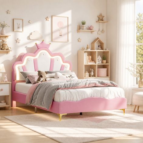 Lit Princesse 140x190 cm, lit enfant rembourré avec tête de lit couronne LED, sommier à lattes, velours rose, pour chambre de fille moderne