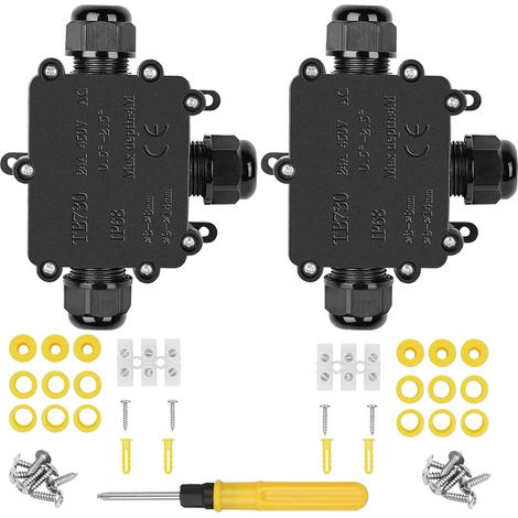 2 x Waterproof Junction Box, Waterproof Electrical Cable Connector, 3-Way Junction Box for Cable Diameter 4-14 mm, Black (1/5)