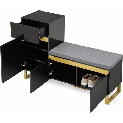 CHICFURN Meuble à chaussures d’entrée avec banc rembourré, tiroir, porte et rangements ouverts, design noir brillant et doré, MDF robuste, idéal pour un hall moderne (1/5)