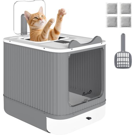 PawHut arenero para gatos cubierto M, caja de arena para gatos medianos, arenero con tapa abatible, salida superior, pala, bolsas desodorantes, blanco (1/5)