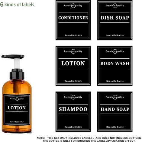 (Style 2) Lot de 6 étiquettes autocollantes imperméables noires pour distributeur de savon, lotion, shampoing et après-shampoing, contenants de rangement pour salle de bain. (1/5)
