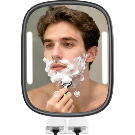 Miroir de douche chauffant anti-buée pour hommes, miroir de rasage rechargeable anti-buée sans perçage - Éclairage réglable avec 2 supports pour rasoirs et crochet adhésif amovible, étanche pour salle (1/5)