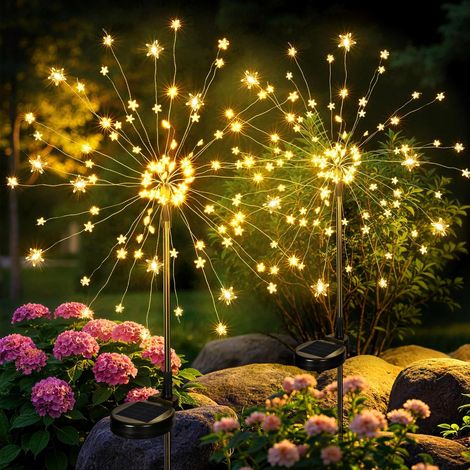 Lot de 2 lampes solaires extérieures effet feu d’artifice – LED en forme d’étoile, lumière blanche chaude – Étanches, autonomes – Parfaites pour jardin, terrasse, allée et chemin (1/5)
