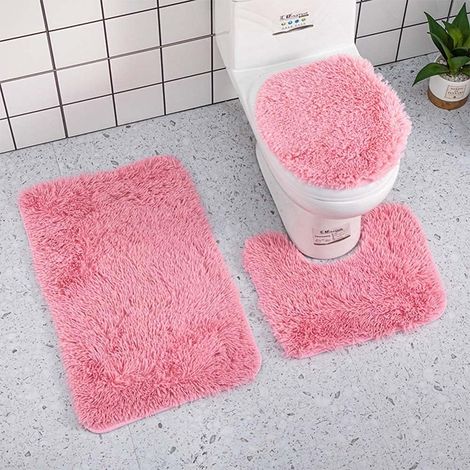 Tapis de Bain Antidérapant Lot de 3, Doux Absorbant Tapis Salle de Bain Couverture de Toilette Set Contour WC Séche Rapide et Lavable en Machine pour Douche Baignoire (Rose Foncé) (1/5)