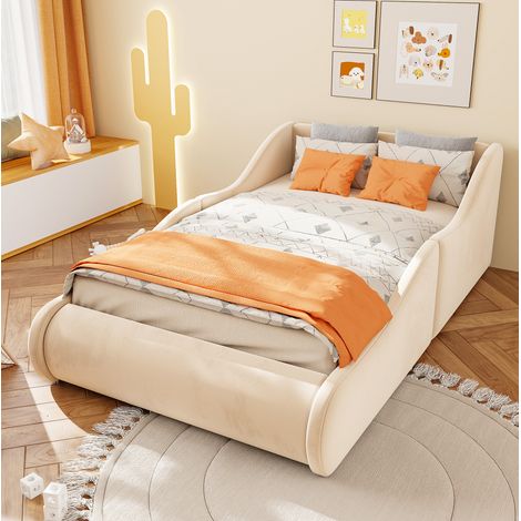Polsterbett Kinderbett 90x200 cm, mit hohem Kopfteil und Seitenschutzgittern, Plüschstoff, Beige (1/5)