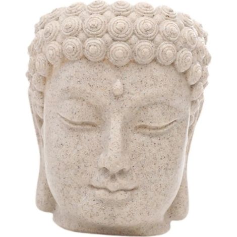 Sculpture de tête de Bouddha, pot de fleurs et récipient
