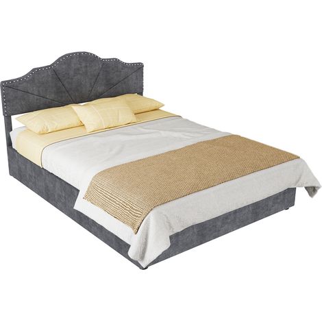 Lit coffre 140x200 cm gris avec tête de lit géométrique, structure à lattes stable, matelas inclus, montage facile, chambre moderne - CHICFURN (1/5)