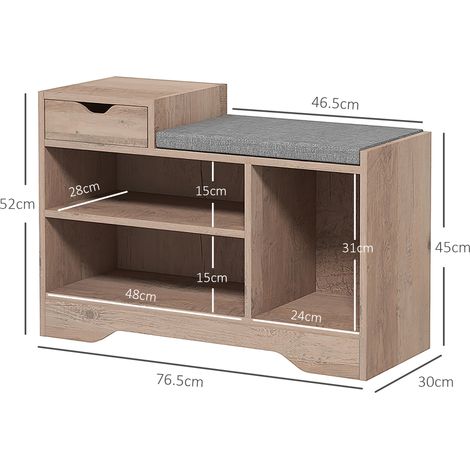 Banc à chaussures moderne avec 3 étagères ouvertes et un tiroir, en bois, polyester et mousse, 76,5 x 30 x 52 cm, gris (1/5)