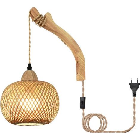 Wandleuchte aus Holz mit Schalter und Stecker - Lampenschirm aus Boho-Rattan - 300 cm Kabel E27 - Schlafzimmer, Wohnzimmer, Flur (ohne Leuchtmittel) (1/5)