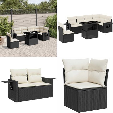 7-tlg. Garten-Sofagarnitur mit Kissen Schwarz Poly Rattan - Gartenmöbel Set - Esszimmergarnitur - Outdoor Möbel - Lounge Garnitur - Rattan Gartenmöbel - Home & Living (1/5)