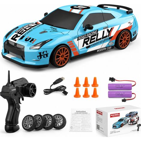 Auto radiocomandata 1:24, RC, specifica per drifting, 4WD, 15 km/h, luci a LED, pneumatici intercambiabili, 2 batterie ricaricabili, blu (1/5)
