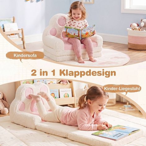 Convertible Kids Sofa to Lounger, Pink Velvet, Removable Cover (1/5)