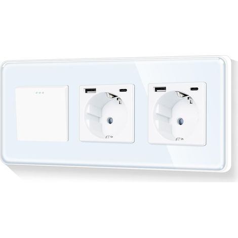 Interrupteur Schuko rond 1 voie avec double prise de 20 W type C et USB combiné, cadre en verre blanc, encastré, bords incurvés, 100-240 V, 228 mm (neutre nécessaire) (1/5)