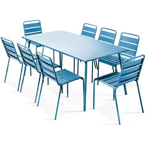 Ensemble table de jardin et 8 chaises en métal bleu pacific  - Palavas